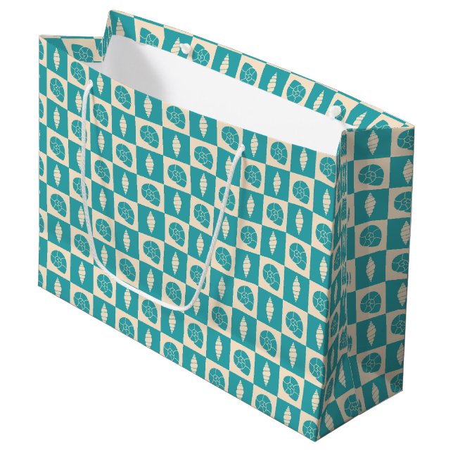 Coastal Check Pattern Teal Large Gift Bag (Front Angled)