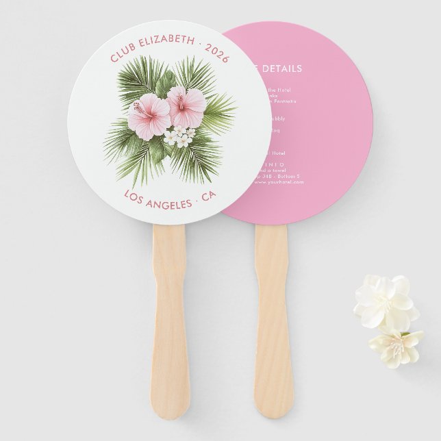 Coastal Chic Beach Club Tropical Floral Itinerary Hand Fan (Front and Back)