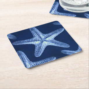coastal chic beach rustic nautical blue starfish square paper coaster