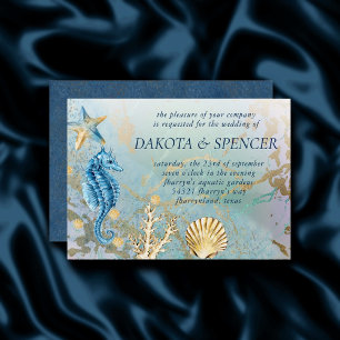 Coastal Chic Blue and Gold Marble Coral Reef Invitation