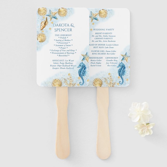 Coastal Chic | Blue and Gold Under the Sea Program Hand Fan (Front and Back)