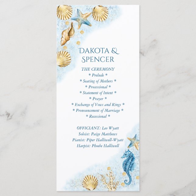 Coastal Chic | Blue and Gold Under the Sea Wedding Programme (Front)