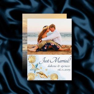 Coastal Chic   Blue Gold Coral Reef Photo Wedding Announcement
