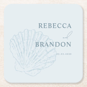 Coastal Chic Blue Hand Drawn Seashell Wedding Square Paper Coaster