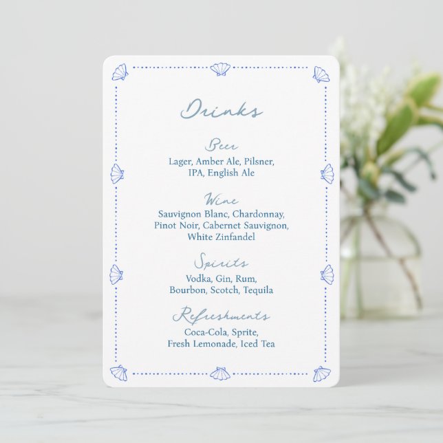 Coastal Chic Blue Nautical Wedding Bar Menu Sign (Standing Front)