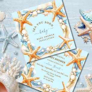 Coastal chic Blue Sea You Soon Baby Invitation
