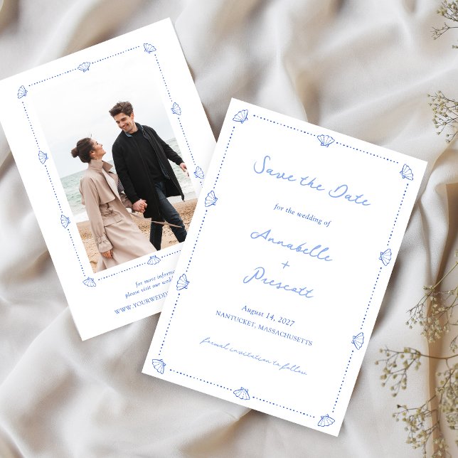 Coastal Chic Blue Shell Ocean Beach Photo Wedding Save The Date (Creator Uploaded)