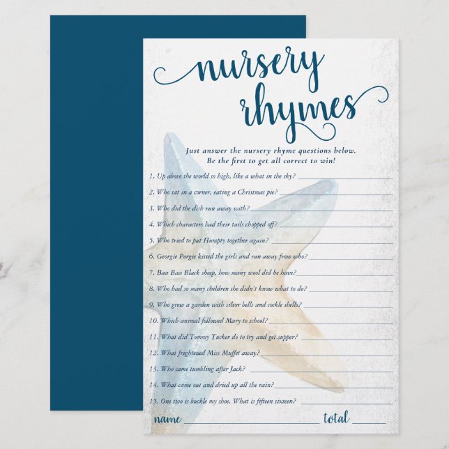 Coastal Chic | Blue Starfish Nursery Rhymes Quiz (Front/Back)