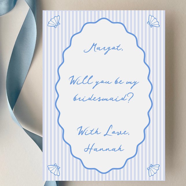 Coastal Chic Blue Striped Cute Bridesmaid Proposal Card (Creator Uploaded)