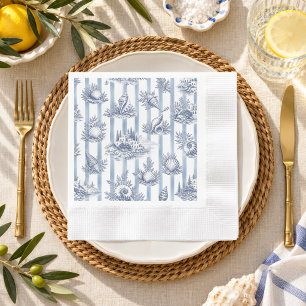 Coastal Chic Blue Stripes Seashells Toile de Jouy Napkin