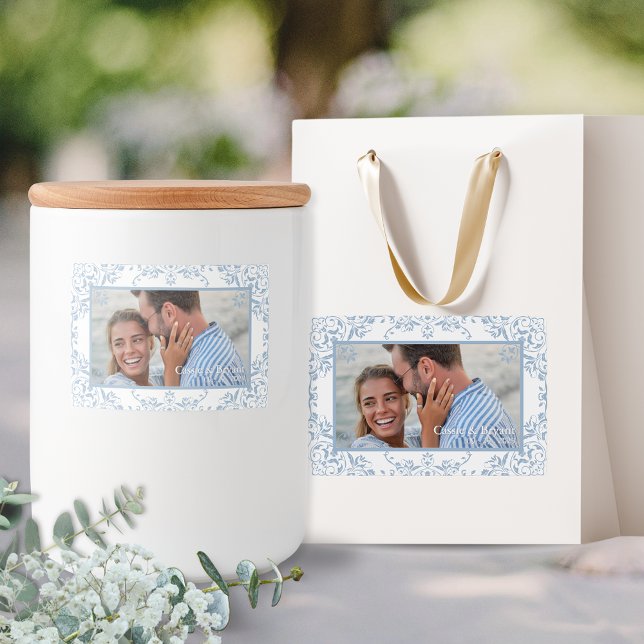 Coastal Chic Blue & White Photo Wedding Labels (elegant blue and white coastal chic regency era theme classic simple wedding photo stickers for gift)
