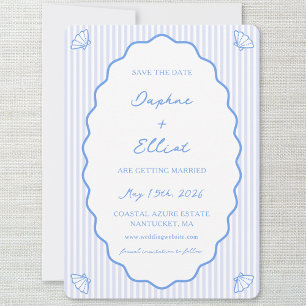 Coastal Chic Blue & White Striped Wavy Wedding Save The Date