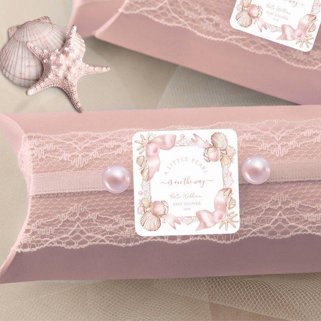 Coastal chic blush pink pearl Baby Shower Square Sticker (Creator Uploaded)
