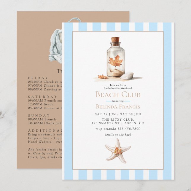 Coastal Chic Fall Beach Club Bachelorette Weekend Invitation (Front/Back)