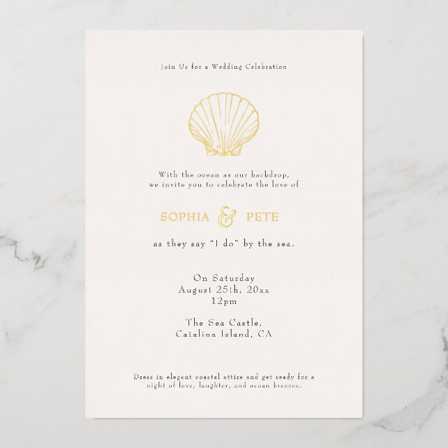 Coastal Chic Foil Wedding Invite Beige (Front)