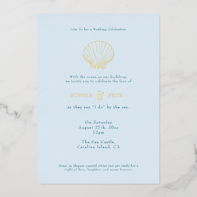 Coastal Chic Foil Wedding Invite Blue (Front)