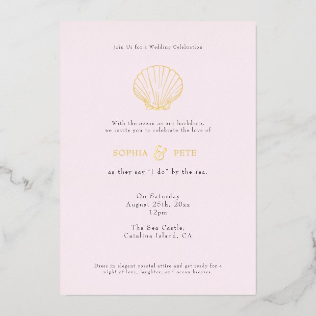 Coastal Chic Foil Wedding Invite Blush (Front)
