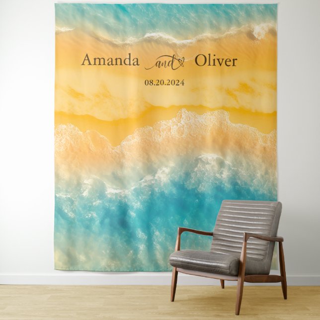 Coastal Chic Golden Sand Teal Wedding Backdrop Tapestry (In Situ)
