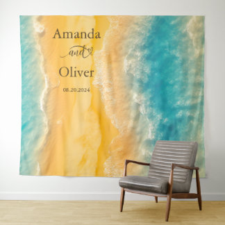 Coastal Chic Golden Sand Teal Wedding Backdrop Tapestry