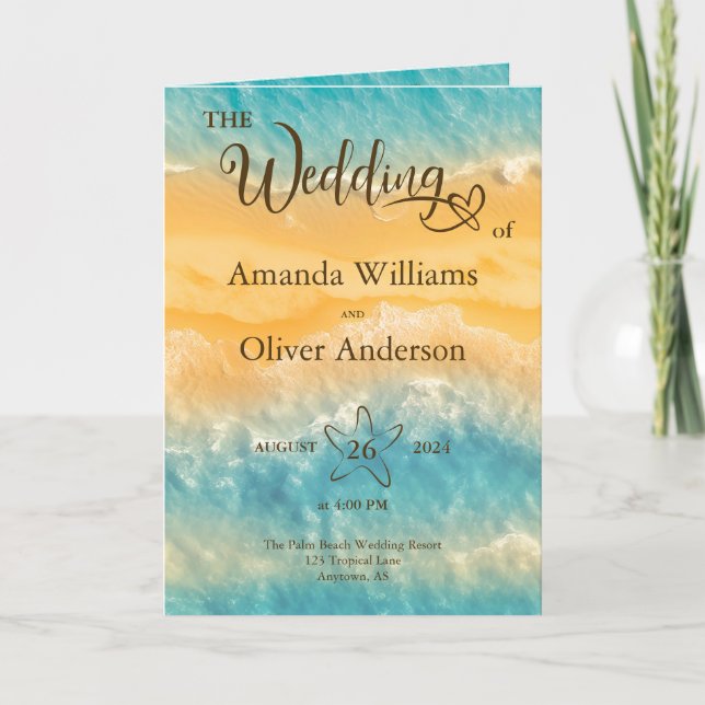 Coastal Chic Golden Sand Teal Wedding Ceremony Programme (Front)