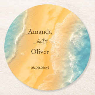 Coastal Chic Golden Sand Teal Wedding Welcome Round Paper Coaster