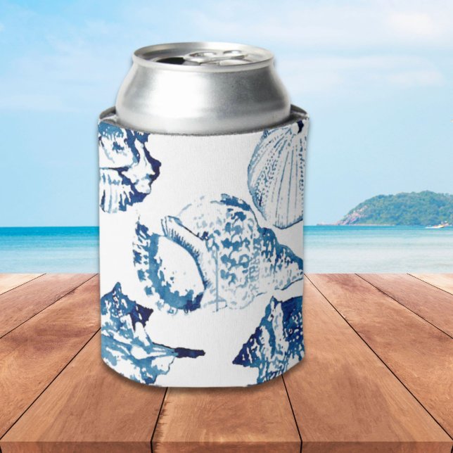 coastal chic indigo blue ocean watercolor seashell can cooler (coastal chic indigo blue ocean watercolor seashell can cooler)