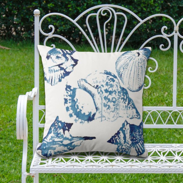coastal chic indigo blue ocean watercolor seashell cushion (coastal chic indigo blue ocean watercolor seashell outdoor pillow)