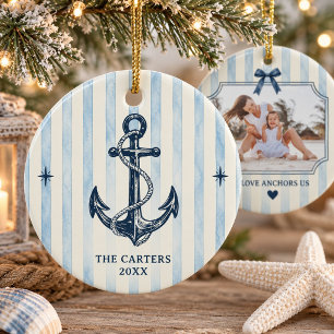 Coastal Chic Love Anchors Us Bow Stripe Photo Ceramic Tree Decoration