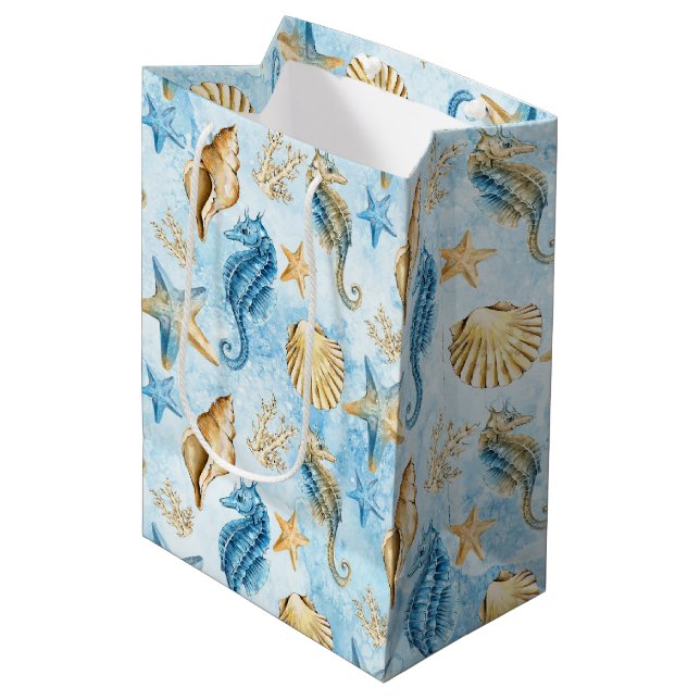 Coastal Chic | Modern Blue and Gold Under the Sea Medium Gift Bag (Front Angled)
