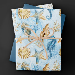 Coastal Chic Modern Blue and Gold Under the Sea Wrapping Paper Sheet