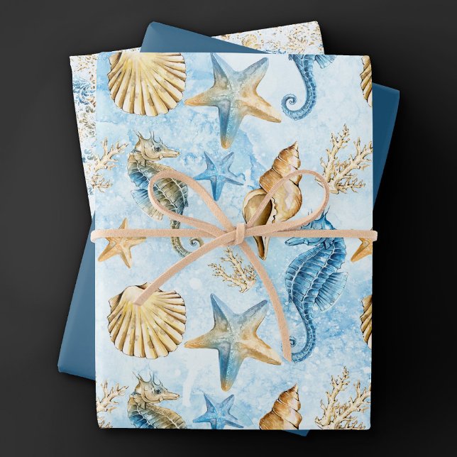 Coastal Chic | Modern Blue and Gold Under the Sea Wrapping Paper Sheet (Creator Uploaded)