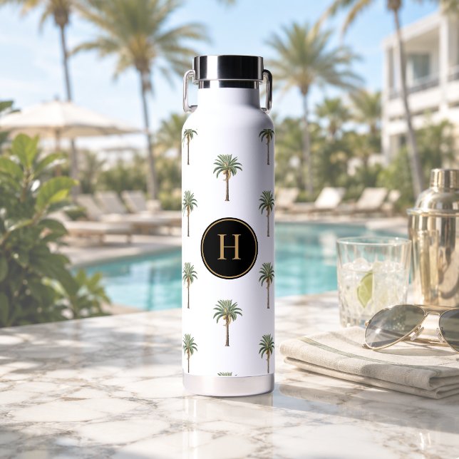Coastal Chic Palm Tree Monogram Water Bottle (Creator Uploaded)