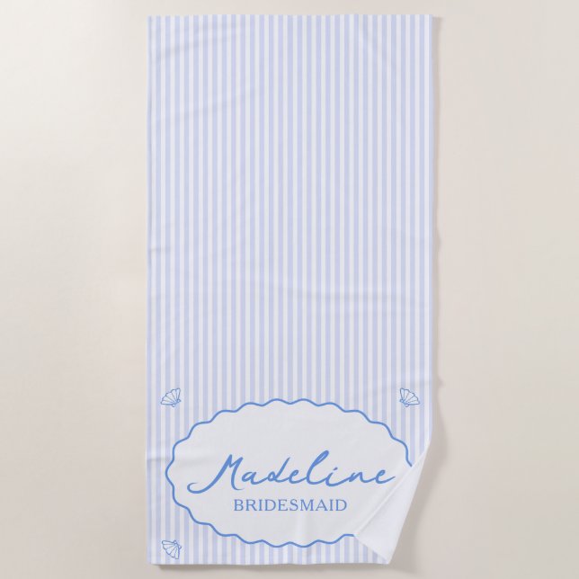 Coastal Chic Personalised Blue Stripe Bachelorette Beach Towel (Front)