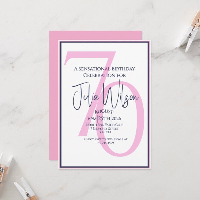  Coastal Chic Pink 70th Birthday  Invitation (Front/Back In Situ)