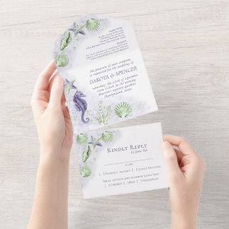 Coastal Chic | Purple and Green Coral Reef Wedding All In One Invitation