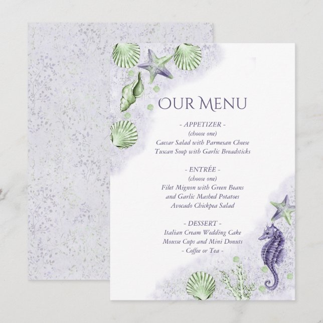 Coastal Chic | Purple and Green Nautical Wedding Menu (Front/Back)
