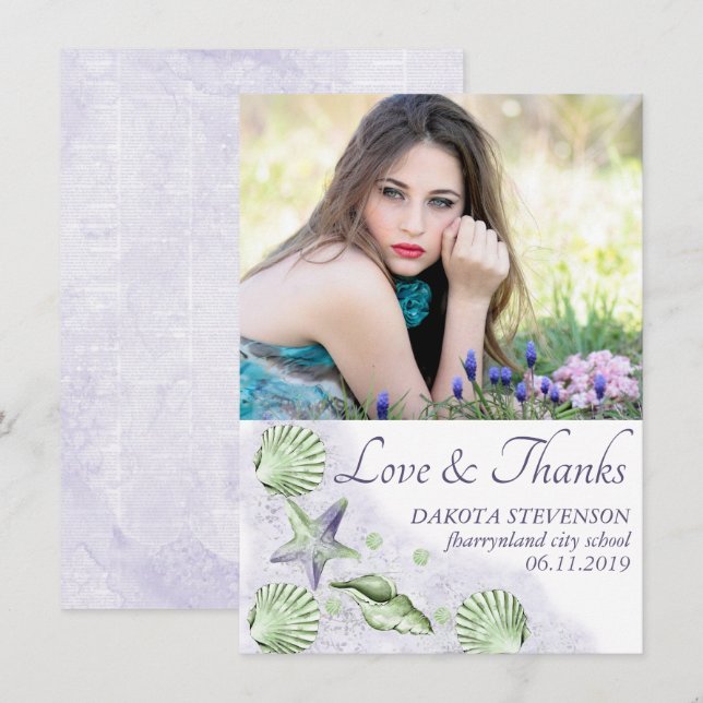 Coastal Chic | Purple and Lime Green Senior Photo Thank You Card (Front/Back)