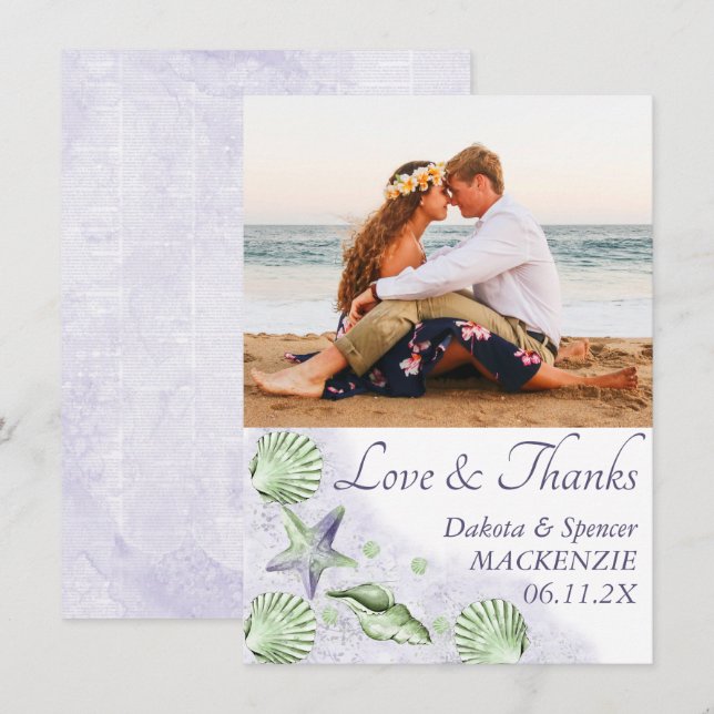 Coastal Chic | Purple and Lime Green Wedding Photo Thank You Card (Front/Back)
