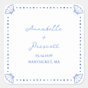Coastal Chic Shell Border Personalised Wedding Square Sticker