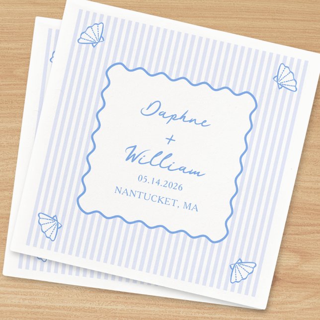 Coastal Chic Shell & Stripes Personalised Wedding Napkin (Creator Uploaded)