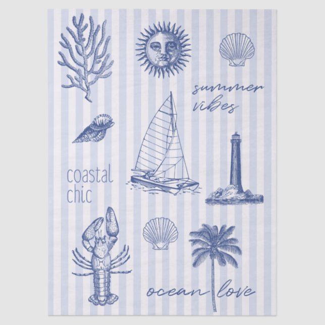 Coastal Chic Summer Vibes on Blue White Stripes Tissue Paper (Front)