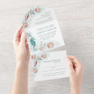 Coastal Chic   Teal and Rose Gold Nautical Wedding All In One Invitation
