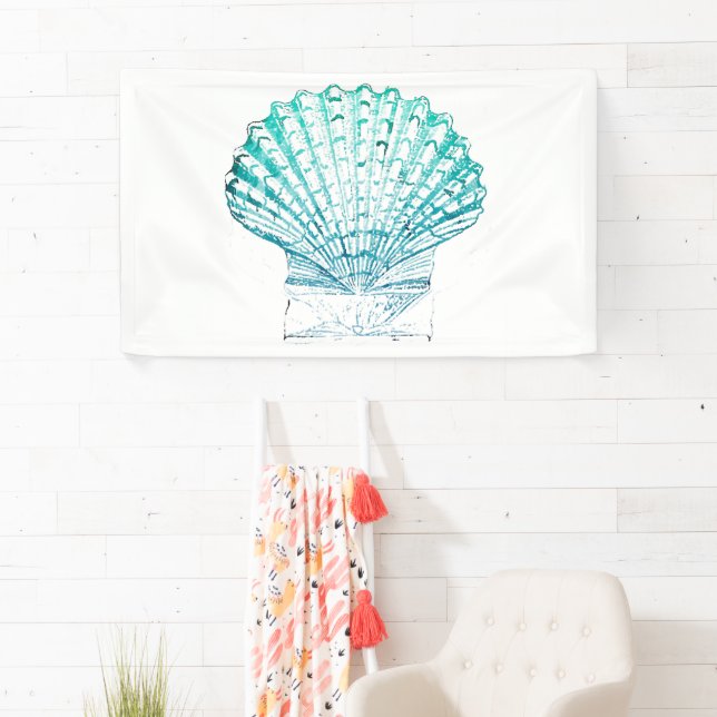 coastal chic teal blue watercolor mermaid seashell banner (Insitu)