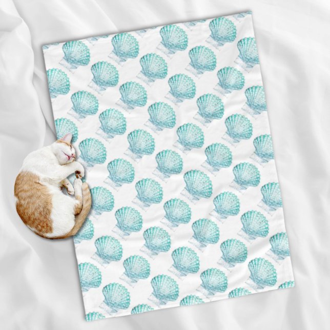coastal chic teal blue watercolor mermaid seashell fleece blanket (coastal chic teal blue watercolor mermaid seashell fleece blanket)