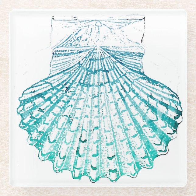 coastal chic teal blue watercolor mermaid seashell glass coaster (Front)