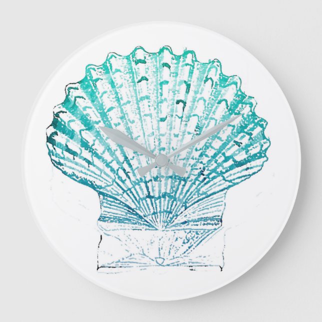 coastal chic teal blue watercolor mermaid seashell large clock (Front)
