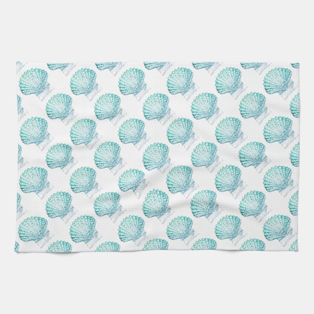 coastal chic teal blue watercolor mermaid seashell tea towel (Horizontal)