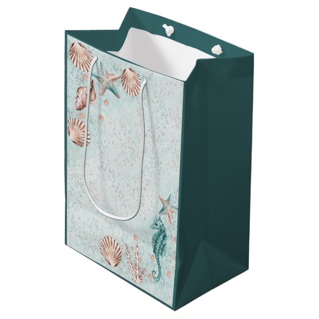 Coastal Chic | Teal Green and Coral Reef Party Medium Gift Bag (Front Angled)