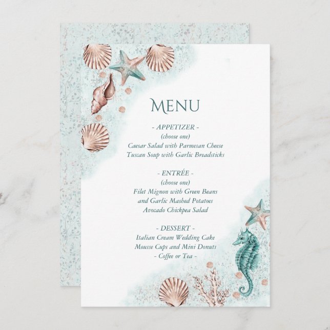 Coastal Chic | Teal Green and Coral Reef Party Menu (Front/Back)