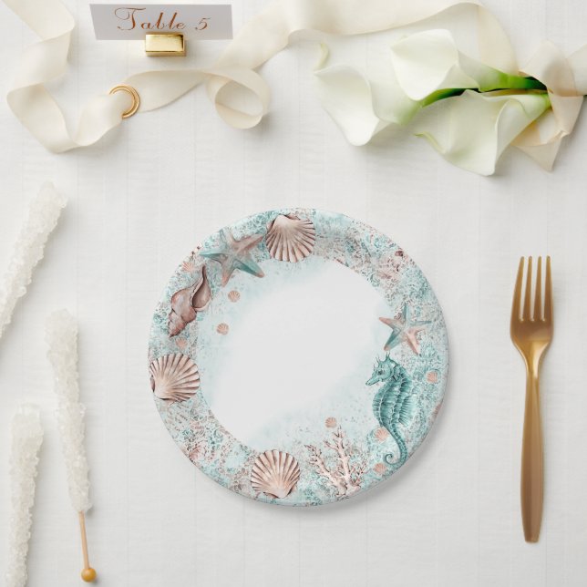 Coastal Chic | Teal Green and Coral Reef Shower Paper Plate (Wedding)